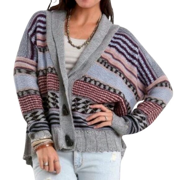 VTG 80s Kirra Striped Aztec Fair Isle Pastel Oversized Chunky Cardigan Sz XS - Picture 1 of 9